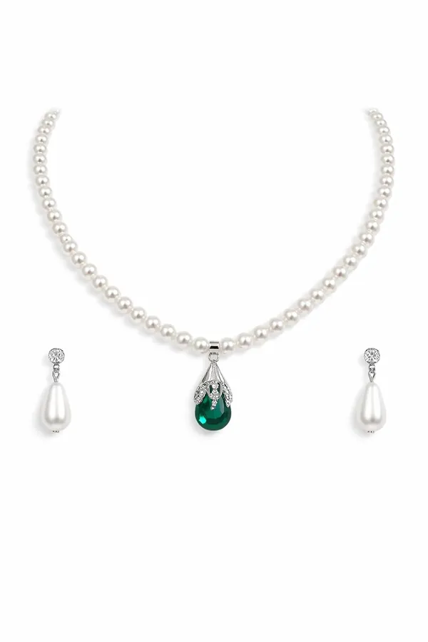 Green_And_Pearl_White_Pearl_Alloy_Teardrop_Crystal_Pendant_Necklace_Set_For_Women