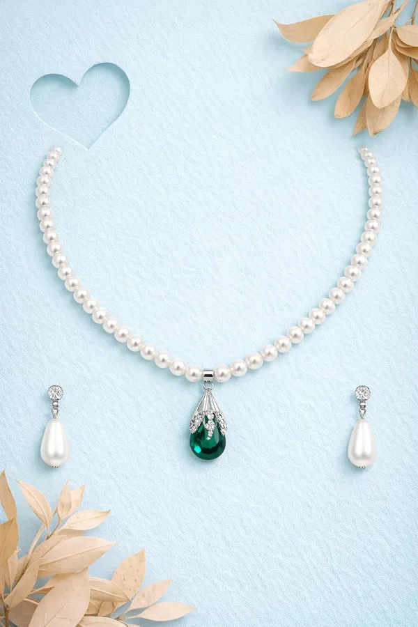 Green_And_Pearl_White_Pearl_Alloy_Teardrop_Crystal_Pendant_Necklace_Set_For_Women