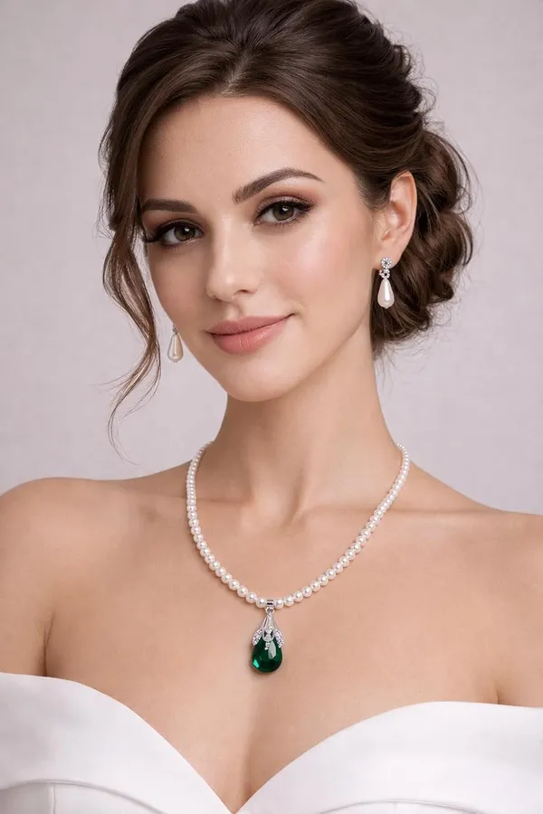 Green_And_Pearl_White_Pearl_Alloy_Teardrop_Crystal_Pendant_Necklace_Set_For_Women
