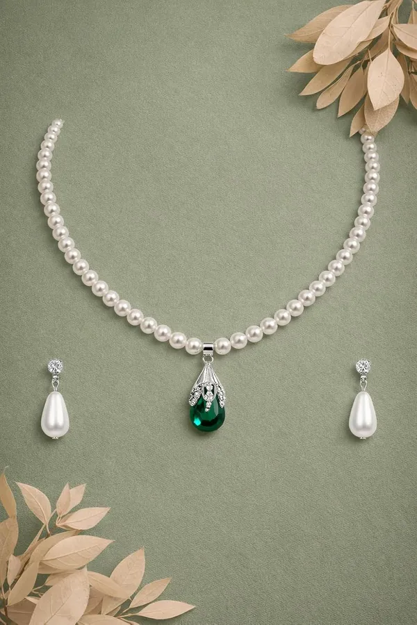 Green_And_Pearl_White_Pearl_Alloy_Teardrop_Crystal_Pendant_Necklace_Set_For_Women