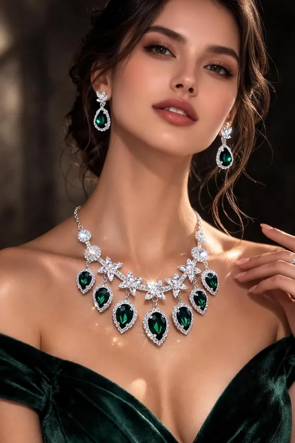 Green_Alloy_Crystal_Teardrop_Statement_Necklace_Set_For_Women