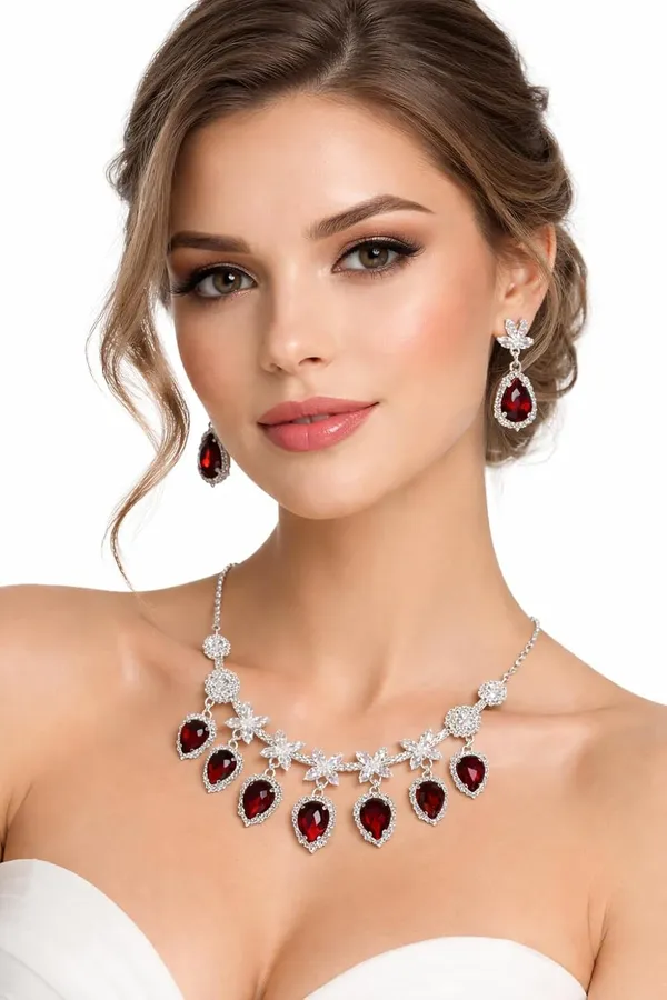 White_And_Red_Alloy_Crystal_Teardrop_Statement_Necklace_Set_For_Women