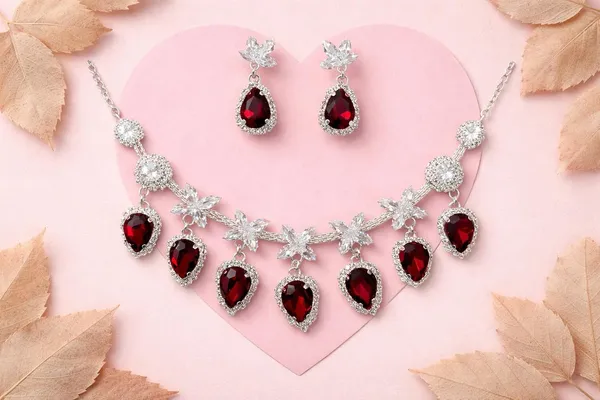 White_And_Red_Alloy_Crystal_Teardrop_Statement_Necklace_Set_For_Women