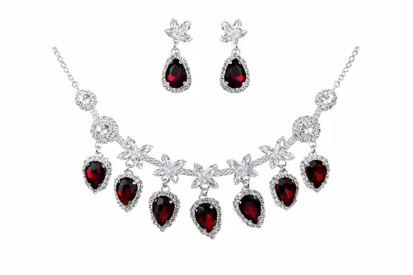 White_And_Red_Alloy_Crystal_Teardrop_Statement_Necklace_Set_For_Women