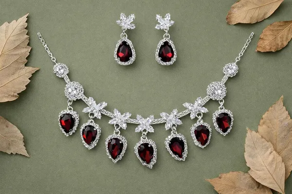 White_And_Red_Alloy_Crystal_Teardrop_Statement_Necklace_Set_For_Women