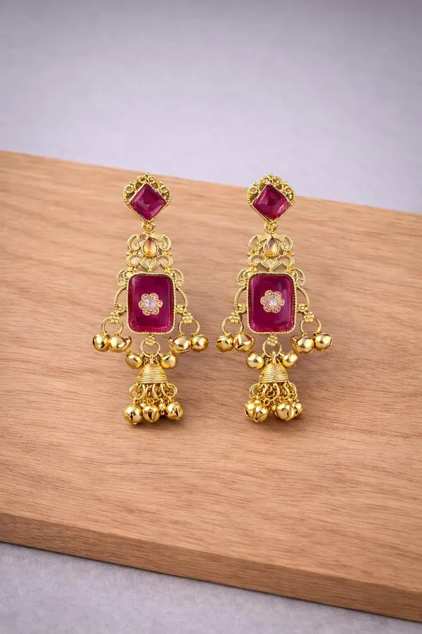 Magenta_Stone_Kashmiri_Gold_Tone_Ghungroo_Dangler_Earrings_For_Women