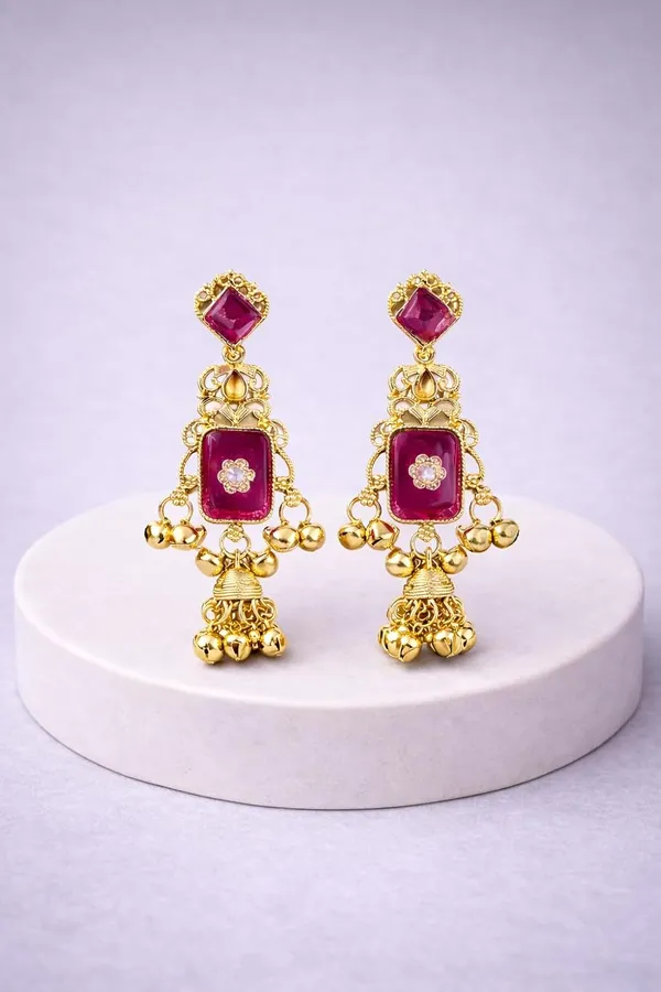 Magenta_Stone_Kashmiri_Gold_Tone_Ghungroo_Dangler_Earrings_For_Women