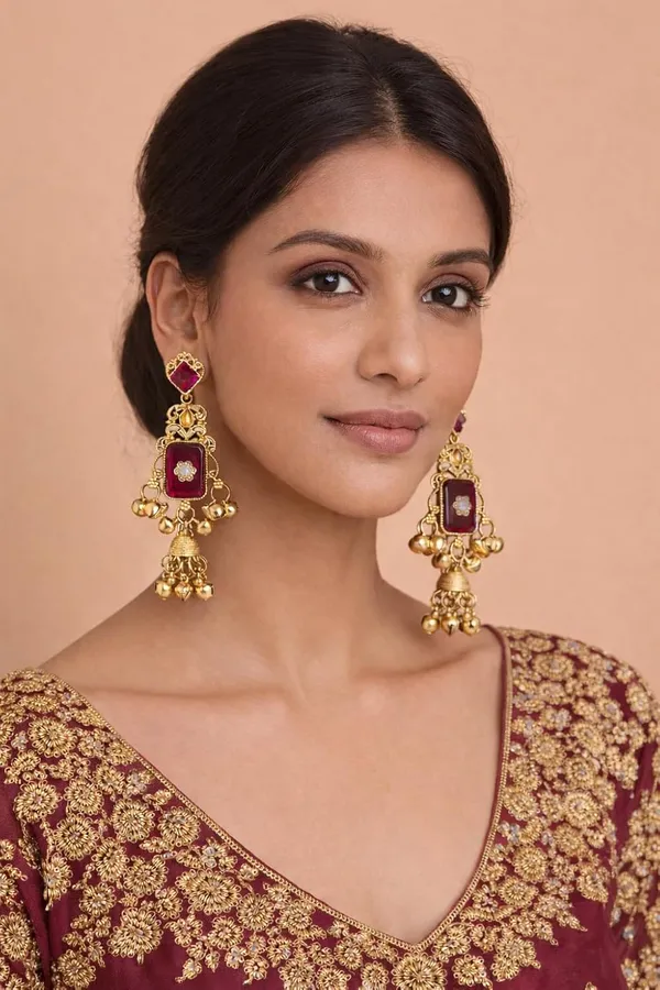 Magenta_Stone_Kashmiri_Gold_Tone_Ghungroo_Dangler_Earrings_For_Women