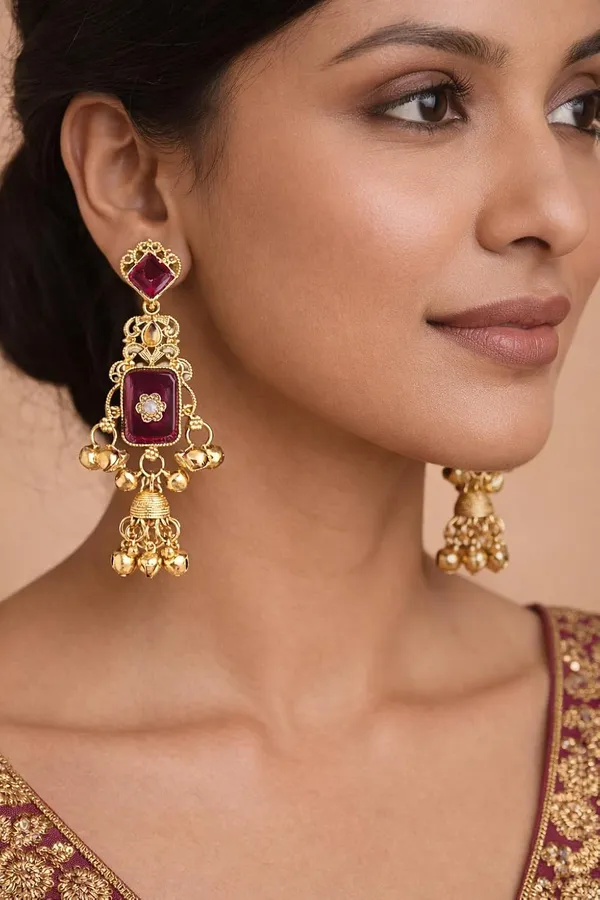 Magenta_Stone_Kashmiri_Gold_Tone_Ghungroo_Dangler_Earrings_For_Women