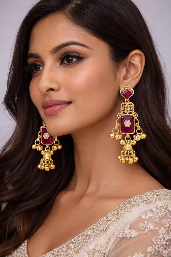 Magenta_Stone_Kashmiri_Gold_Tone_Ghungroo_Dangler_Earrings_For_Women