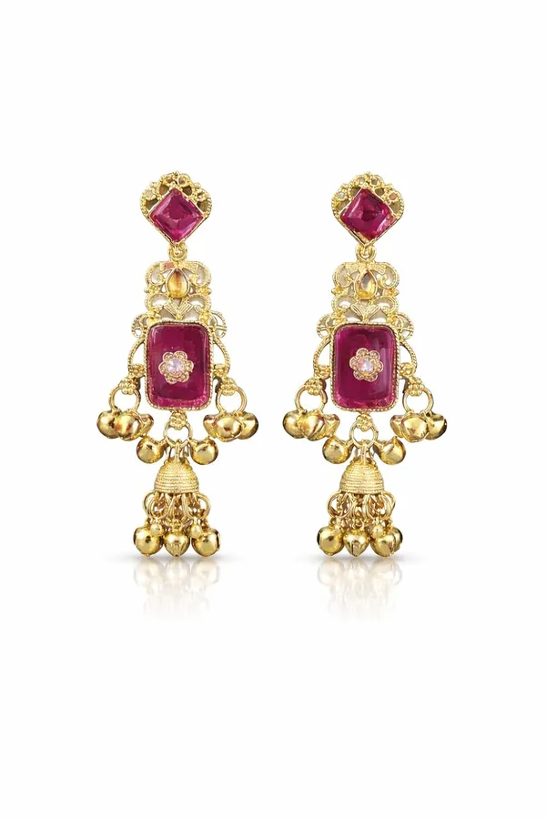 Magenta_Stone_Kashmiri_Gold_Tone_Ghungroo_Dangler_Earrings_For_Women