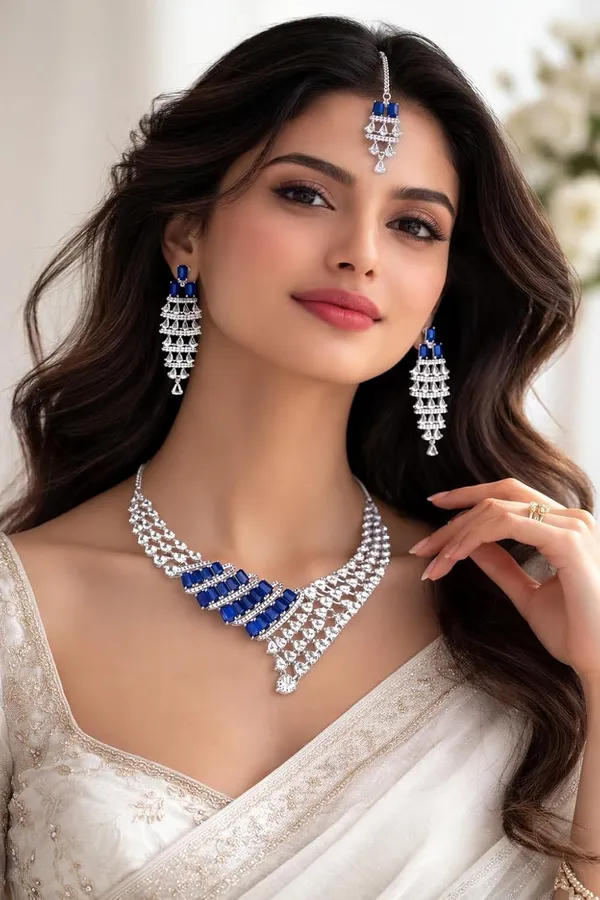 Royal_Blue_And_Silver_Alloy_Crystal_Layered_Bridal_Necklace_Set_With_Maang_Tikka_For_Women