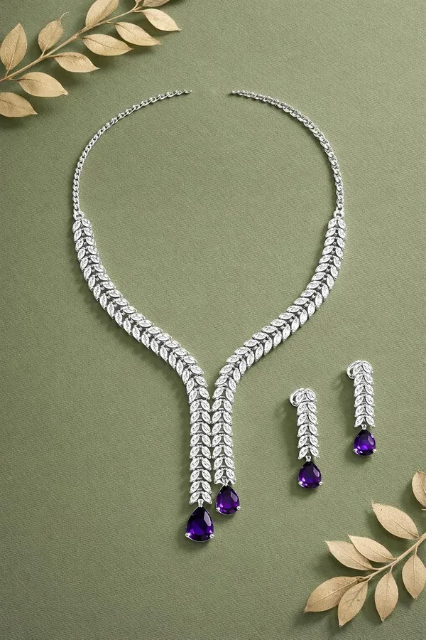White_And_Purple_Crystal_Y_Shape_Necklace_Set_For_Women