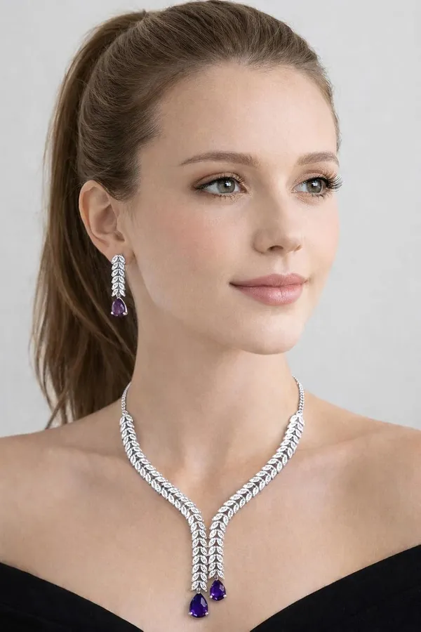 White_And_Purple_Crystal_Y_Shape_Necklace_Set_For_Women