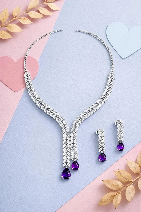 White_And_Purple_Crystal_Y_Shape_Necklace_Set_For_Women