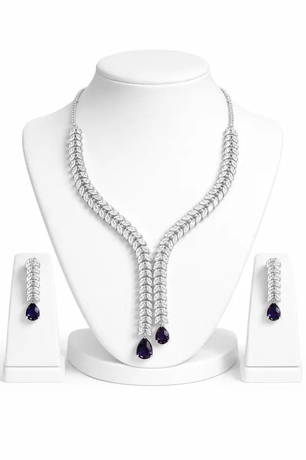 White_And_Purple_Crystal_Y_Shape_Necklace_Set_For_Women