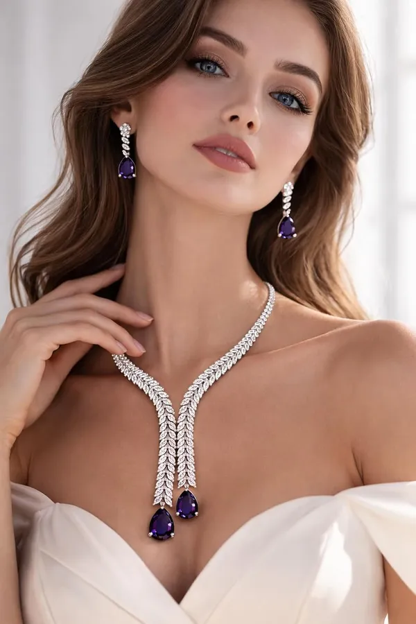 White_And_Purple_Crystal_Y_Shape_Necklace_Set_For_Women