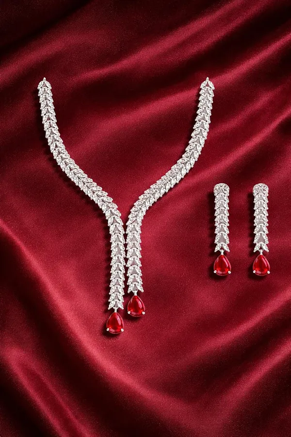 White_And_Red_Crystal_Y_Shape_Necklace_Set_For_Women