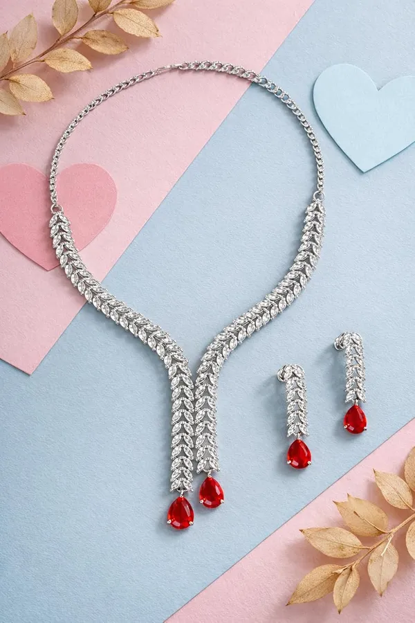 White_And_Red_Crystal_Y_Shape_Necklace_Set_For_Women