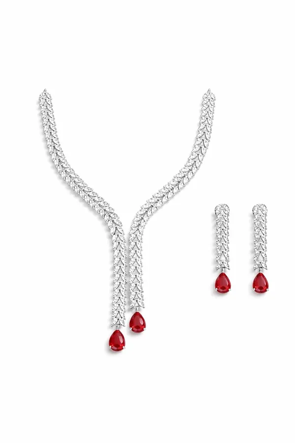 White_And_Red_Crystal_Y_Shape_Necklace_Set_For_Women