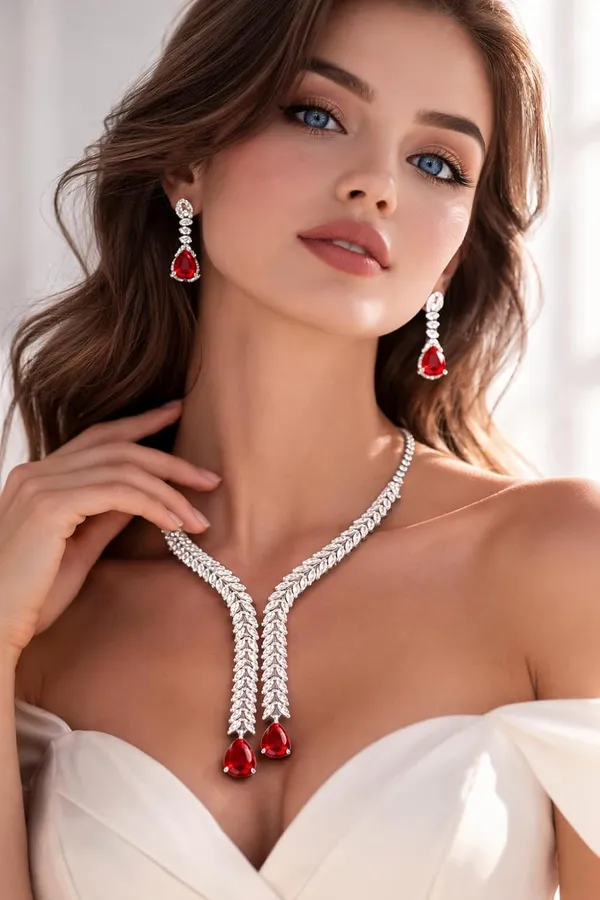 White_And_Red_Crystal_Y_Shape_Necklace_Set_For_Women