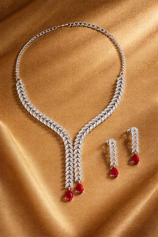 White_And_Red_Crystal_Y_Shape_Necklace_Set_For_Women