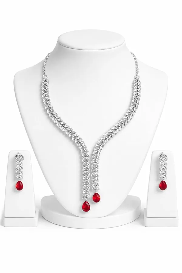 White_And_Red_Crystal_Y_Shape_Necklace_Set_For_Women