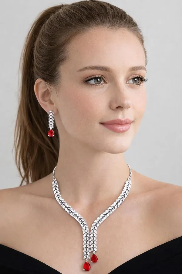 White_And_Red_Crystal_Y_Shape_Necklace_Set_For_Women
