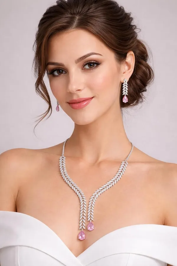 White_And_Blush_Pink_Alloy_Crystal_Y_Shape_Statement_Necklace_Set_For_Women