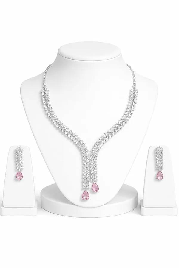 White_And_Blush_Pink_Alloy_Crystal_Y_Shape_Statement_Necklace_Set_For_Women