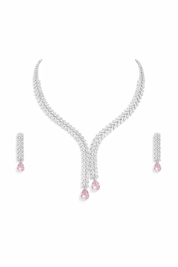 White_And_Blush_Pink_Alloy_Crystal_Y_Shape_Statement_Necklace_Set_For_Women