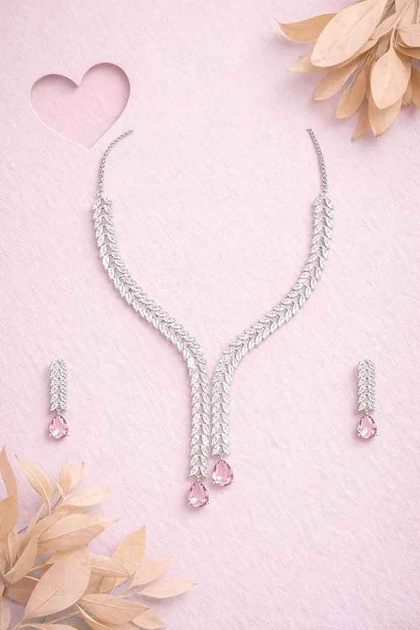 White_And_Blush_Pink_Alloy_Crystal_Y_Shape_Statement_Necklace_Set_For_Women