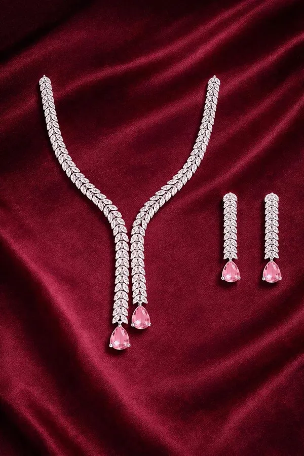 White_And_Blush_Pink_Alloy_Crystal_Y_Shape_Statement_Necklace_Set_For_Women