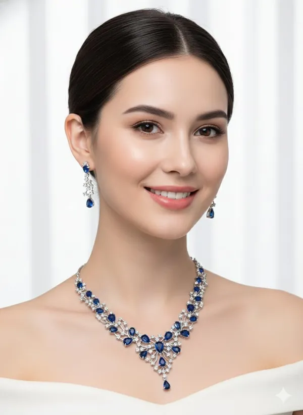 White_And_Blue_Rhodium_Ad_Bridal_Necklace_Set_For_Women