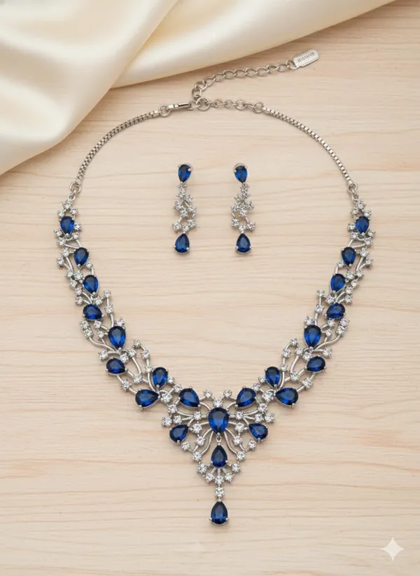 White_And_Blue_Rhodium_Ad_Bridal_Necklace_Set_For_Women