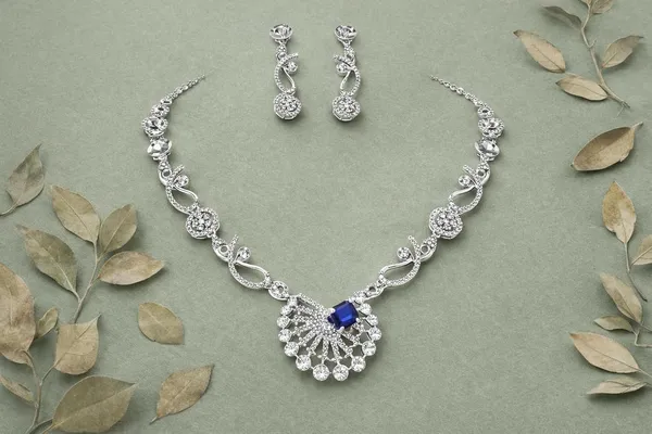 White_And_Royal_Blue_Alloy_Crystal_Silver_Tone_Statement_Necklace_Set_For_Women