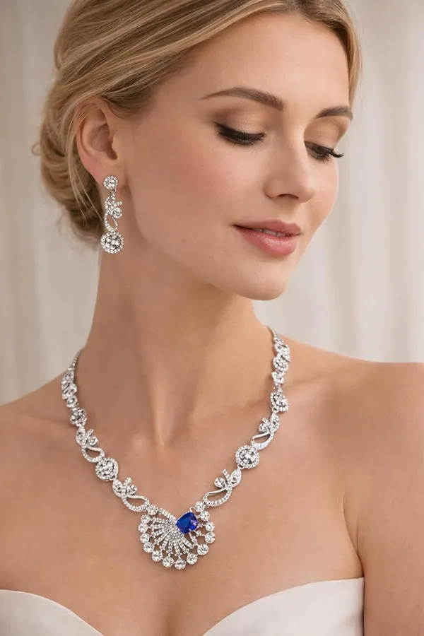 White_And_Royal_Blue_Alloy_Crystal_Silver_Tone_Statement_Necklace_Set_For_Women