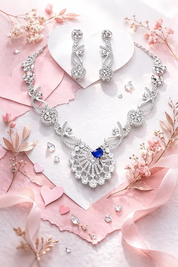 White_And_Royal_Blue_Alloy_Crystal_Silver_Tone_Statement_Necklace_Set_For_Women