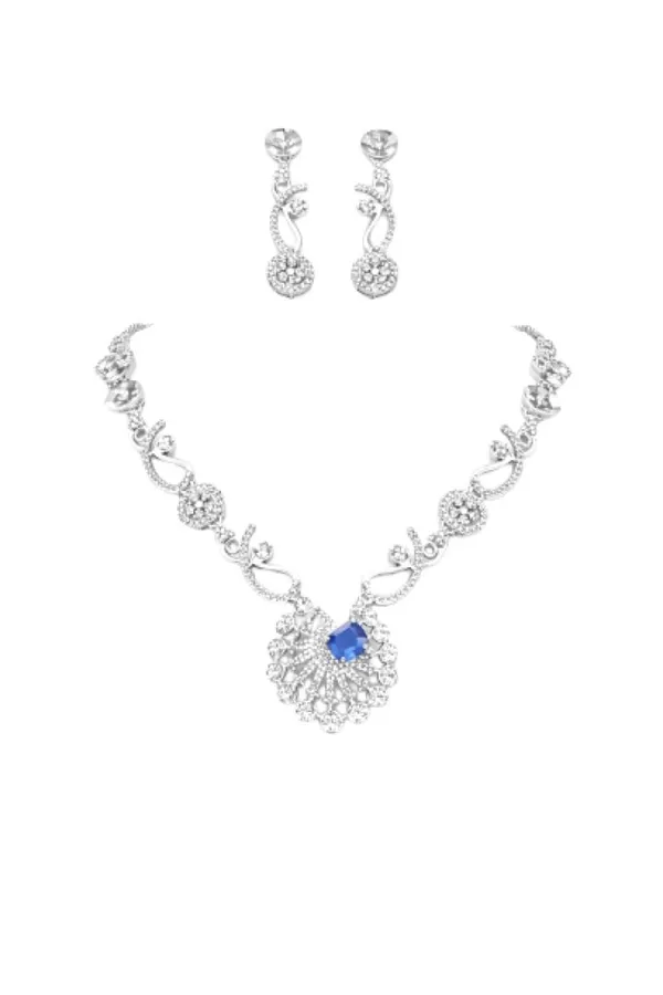 White_And_Royal_Blue_Alloy_Crystal_Silver_Tone_Statement_Necklace_Set_For_Women