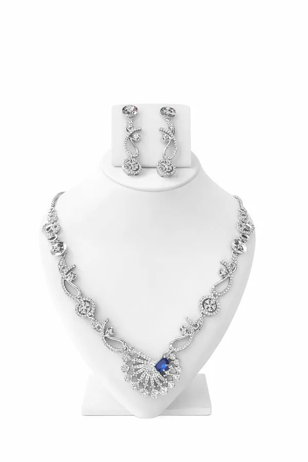 White_And_Royal_Blue_Alloy_Crystal_Silver_Tone_Statement_Necklace_Set_For_Women