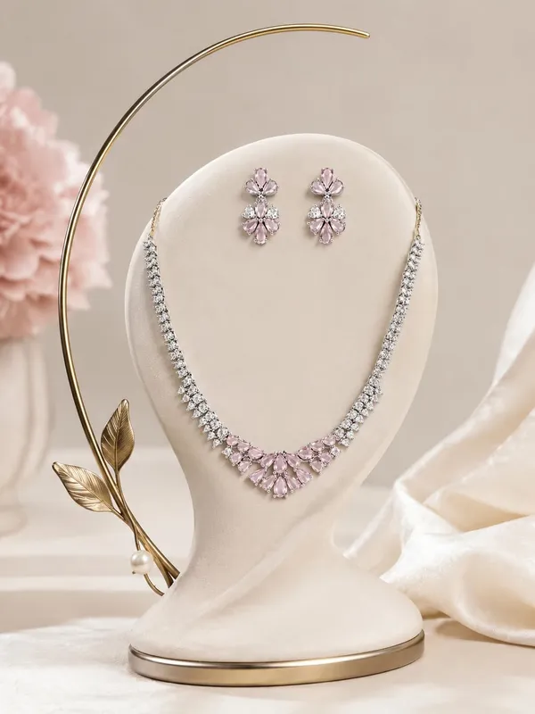 White_And_Baby_Pink_Silver_Cz_Stone_Floral_Bridal_Necklace_Set_For_Women