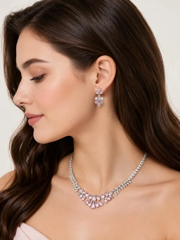White_And_Baby_Pink_Silver_Cz_Stone_Floral_Bridal_Necklace_Set_For_Women