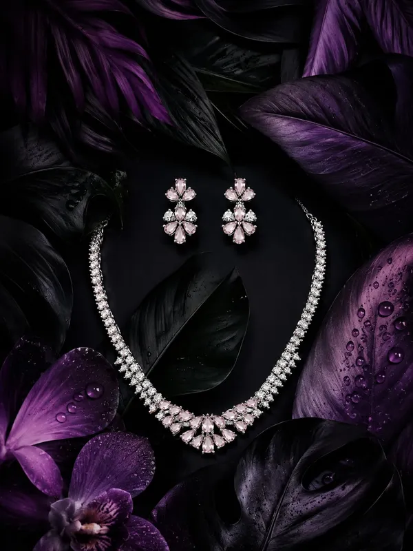 White_And_Baby_Pink_Silver_Cz_Stone_Floral_Bridal_Necklace_Set_For_Women