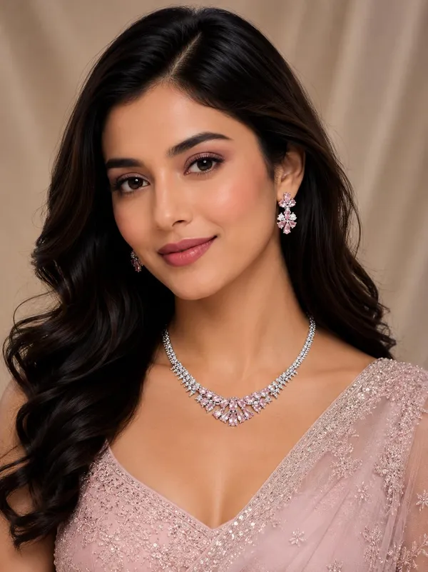 White_And_Baby_Pink_Silver_Cz_Stone_Floral_Bridal_Necklace_Set_For_Women