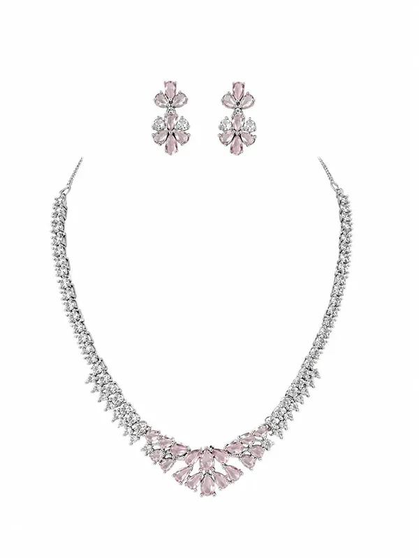 White_And_Baby_Pink_Silver_Cz_Stone_Floral_Bridal_Necklace_Set_For_Women