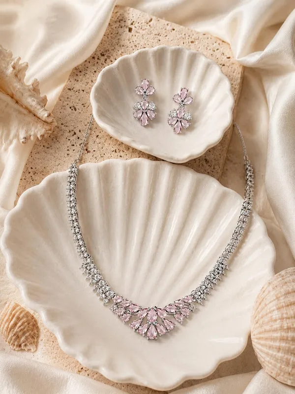 White_And_Baby_Pink_Silver_Cz_Stone_Floral_Bridal_Necklace_Set_For_Women