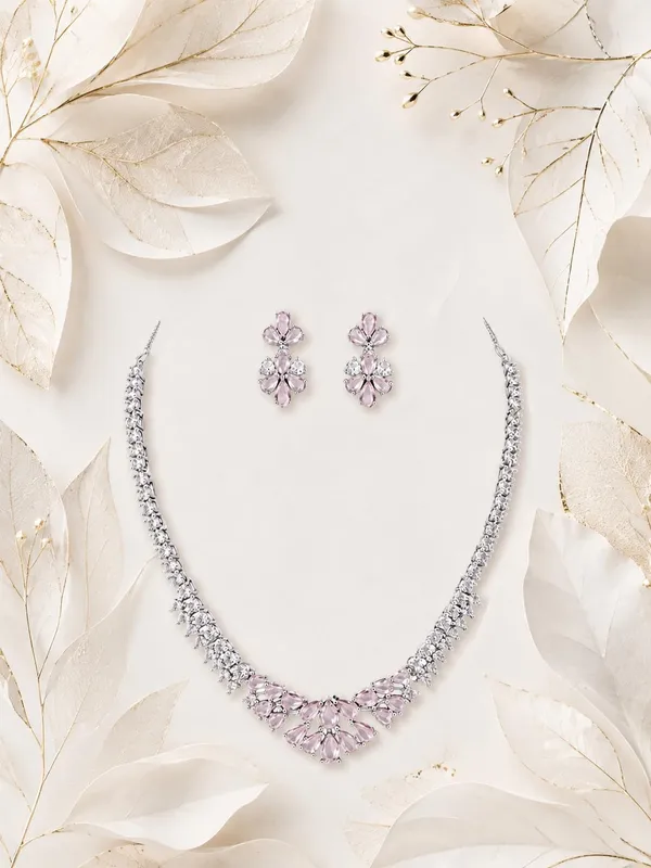 White_And_Baby_Pink_Silver_Cz_Stone_Floral_Bridal_Necklace_Set_For_Women