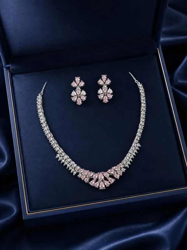 White_And_Baby_Pink_Silver_Cz_Stone_Floral_Bridal_Necklace_Set_For_Women