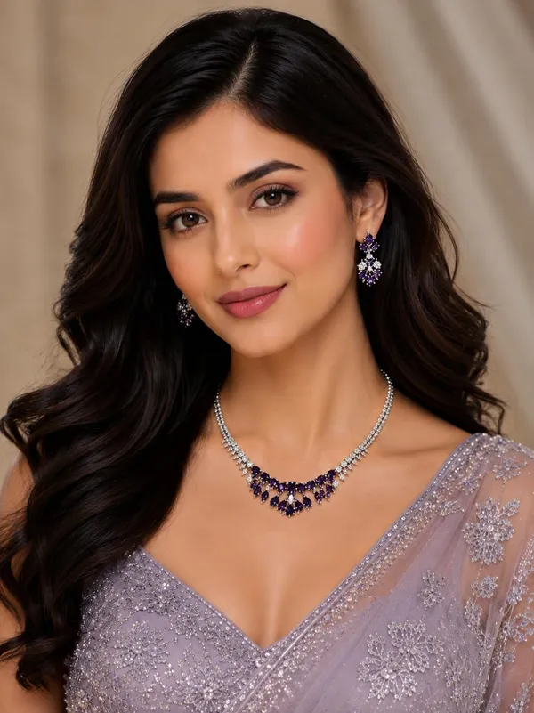 White_And_Purple_Silver_Cz_Stone_Floral_Bridal_Necklace_Set_For_Women