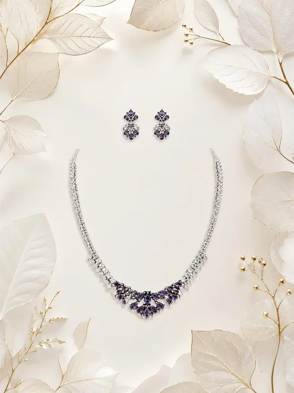 White_And_Purple_Silver_Cz_Stone_Floral_Bridal_Necklace_Set_For_Women
